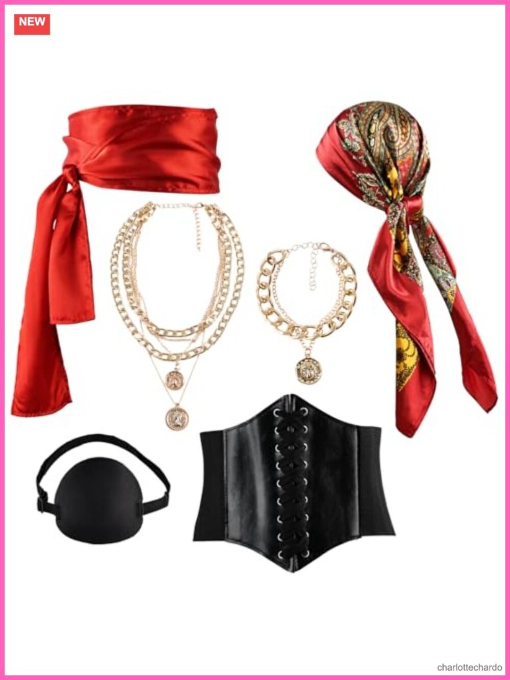 Pirate Costume Accessories Set Satin Polyester Corset Eye Patch Necklace Sash